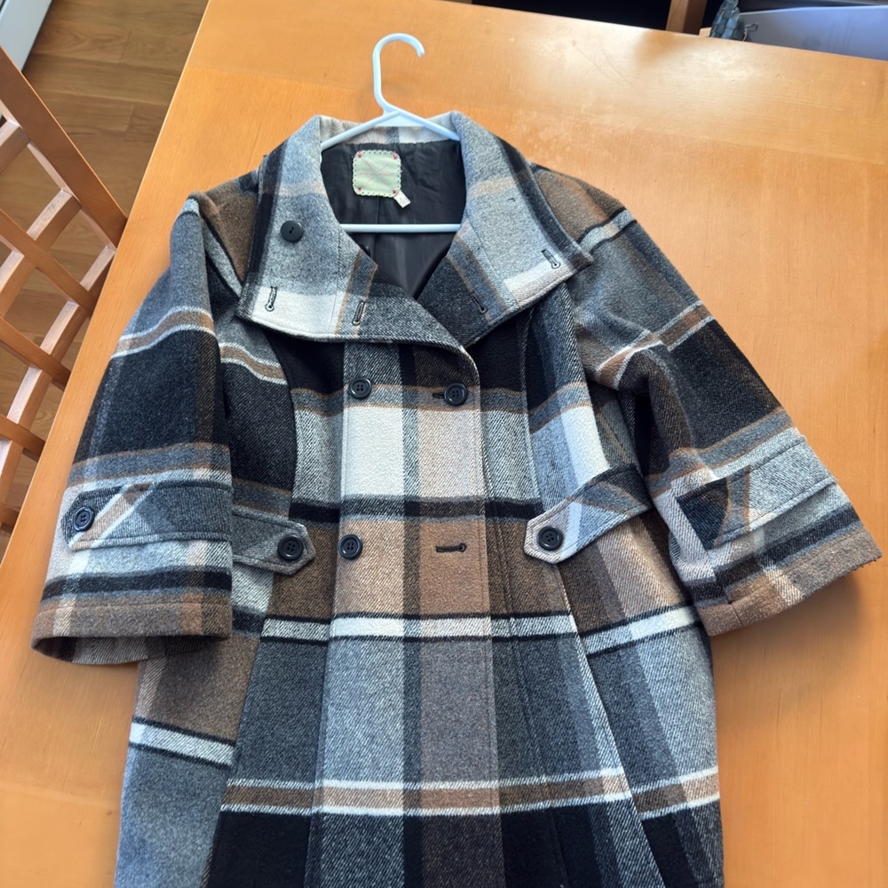 Pins & Needles Plaid Pea Coat - Black, Gray, Brown